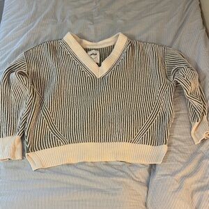 Aerie Green and White V-Neck Sweater